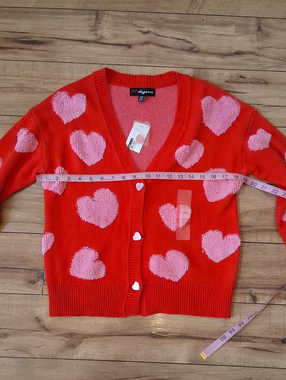 New Women's Heart Print V-neck Red And Pink Oversize Knit Glam Cardigan XXS - Picture 5 of 17